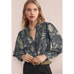 Wrap London Midnight Floral Silk Cotton Pleat Blouse Long sleeve Size 8